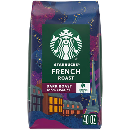Starbucks Whole Bean Coffee, Dark Roast Espresso Roast, 100% Arabica, 18 oz bag, featuring rich coffee beans in a bag.