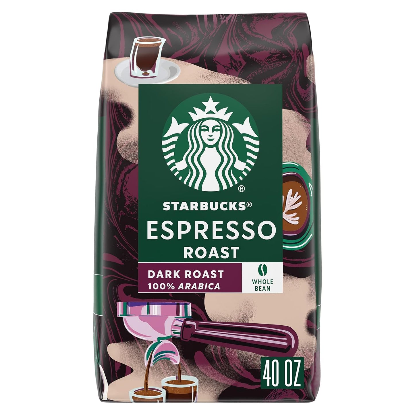Starbucks Whole Bean Dark Roast Espresso Coffee, 100% Arabica, 18 oz bag, featuring Sumatra beans and rich, bold flavor.