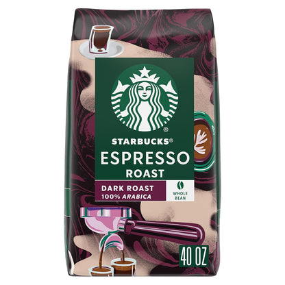 Starbucks Whole Bean Dark Roast Espresso Coffee, 100% Arabica, 18 oz bag, featuring Sumatra beans and rich, bold flavor.