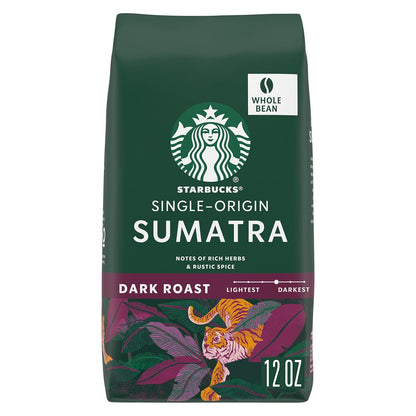 Starbucks dark roast whole bean coffee, espresso roast, 100% Arabica in an 18 oz bag, shown in a close-up image.