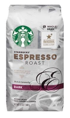 Starbucks Whole Bean Dark Roast Espresso Coffee, 100% Arabica, 18 oz bag, shown in a resealable bag with coffee beans visible inside.
