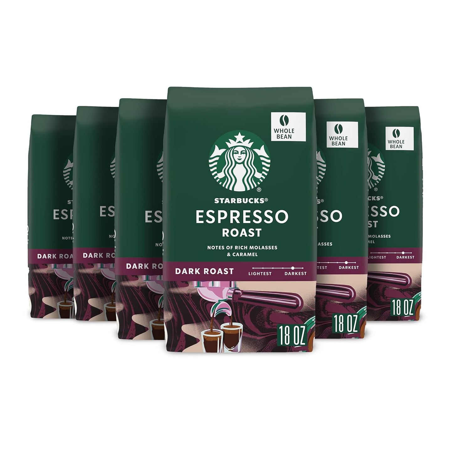 Starbucks Whole Bean Coffee, Dark Roast Espresso Roast, 100% Arabica, 18 oz bag of Sumatra coffee beans.