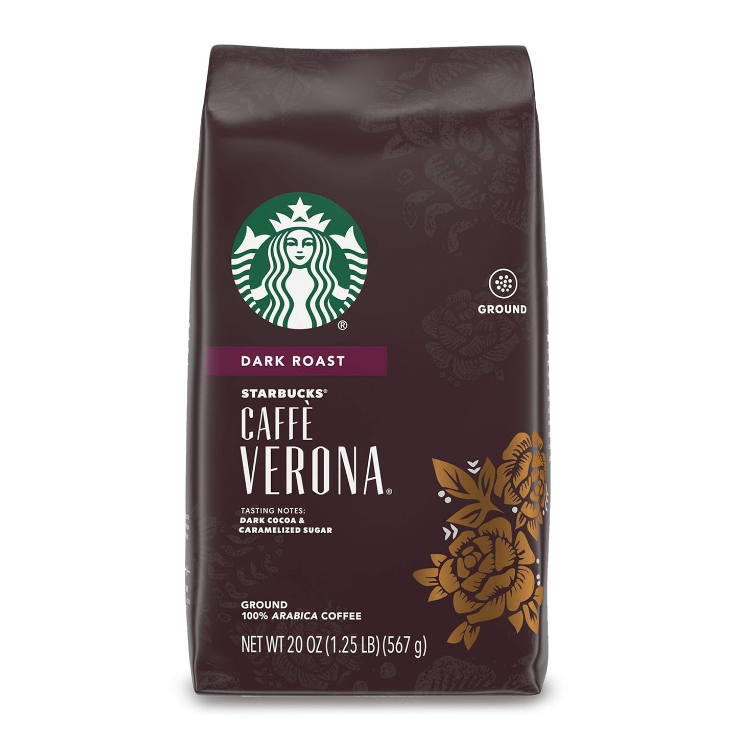 Six 18 oz bags of Starbucks Dark Roast Italian Roast Ground Coffee made from 100% Arabica beans, displayed in a row.
