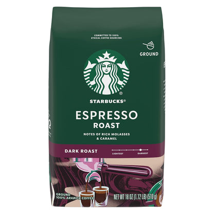 Six 18 oz bags of Starbucks Dark Roast Italian Roast Ground Coffee made from 100% Arabica beans, in a 1-pound pack.