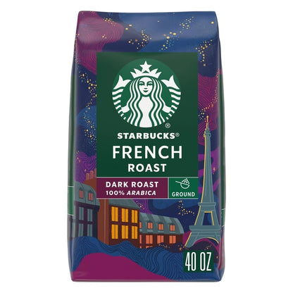 Six 18 oz bags of Starbucks Dark Roast Italian Roast Ground Coffee 100% Arabica by BACKUPMYFILESNOW.COM® arranged in a display.
