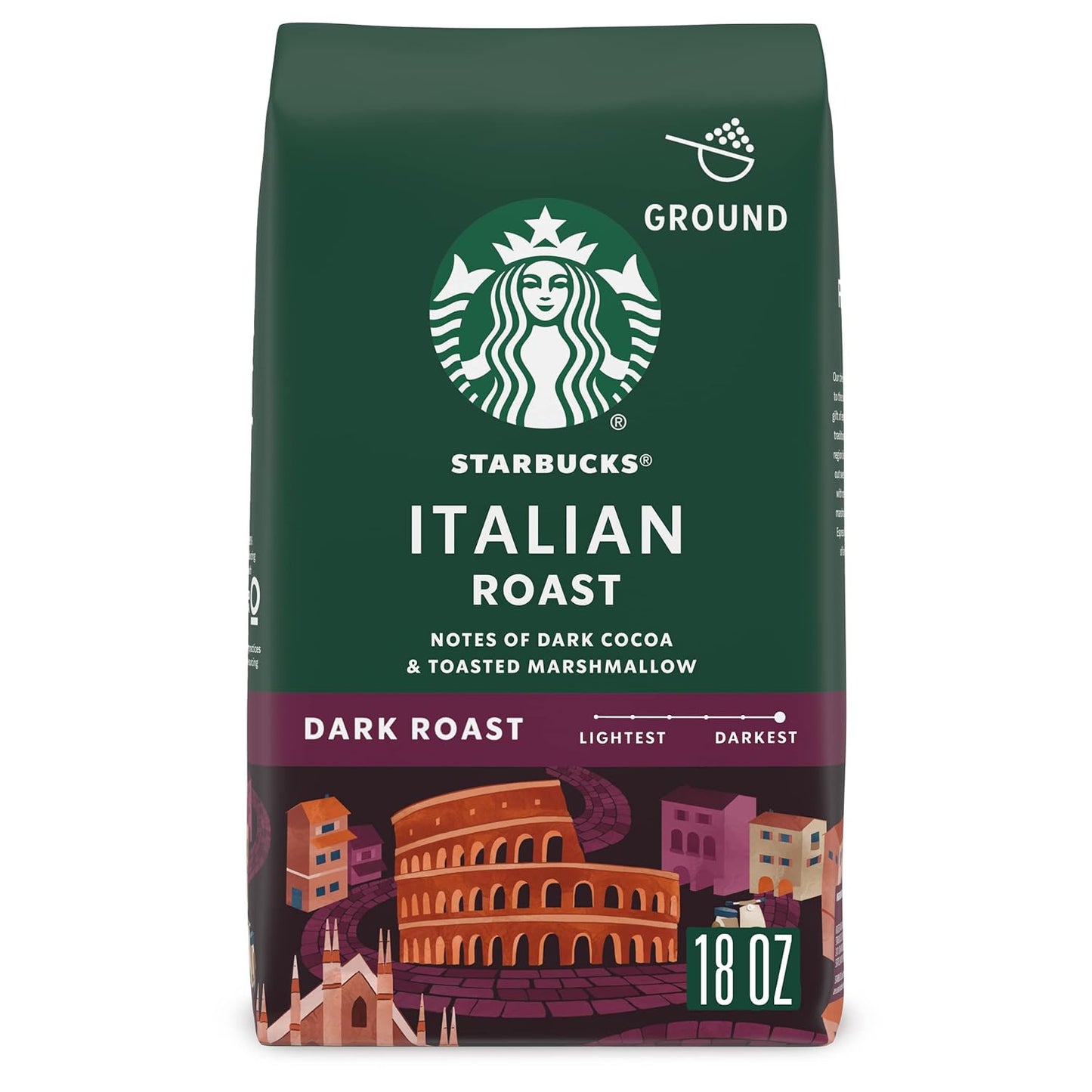 Six 18 oz bags of Starbucks Dark Roast Italian Roast Ground Coffee with 100% Arabica beans, labeled as BACKUPMYFILESNOW.COM®
