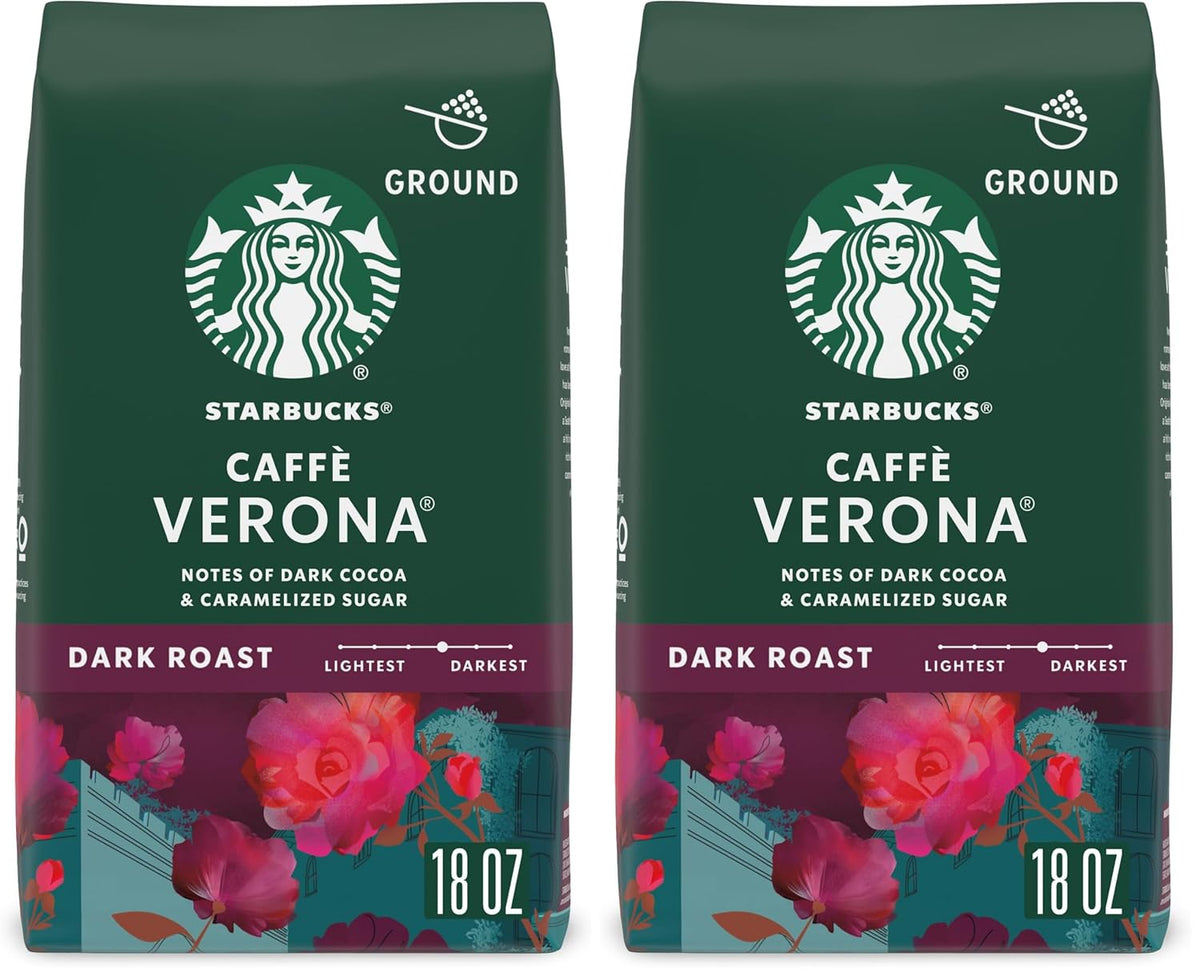 Six 18 oz bags of Starbucks Italian Roast Dark Roast Ground Coffee, 100% Arabica, in a pack for rich, bold flavor.
