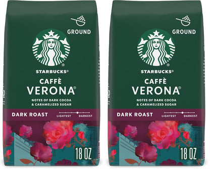 Six 18 oz bags of Starbucks Italian Roast Dark Roast Ground Coffee, 100% Arabica, in a pack for rich, bold flavor.
