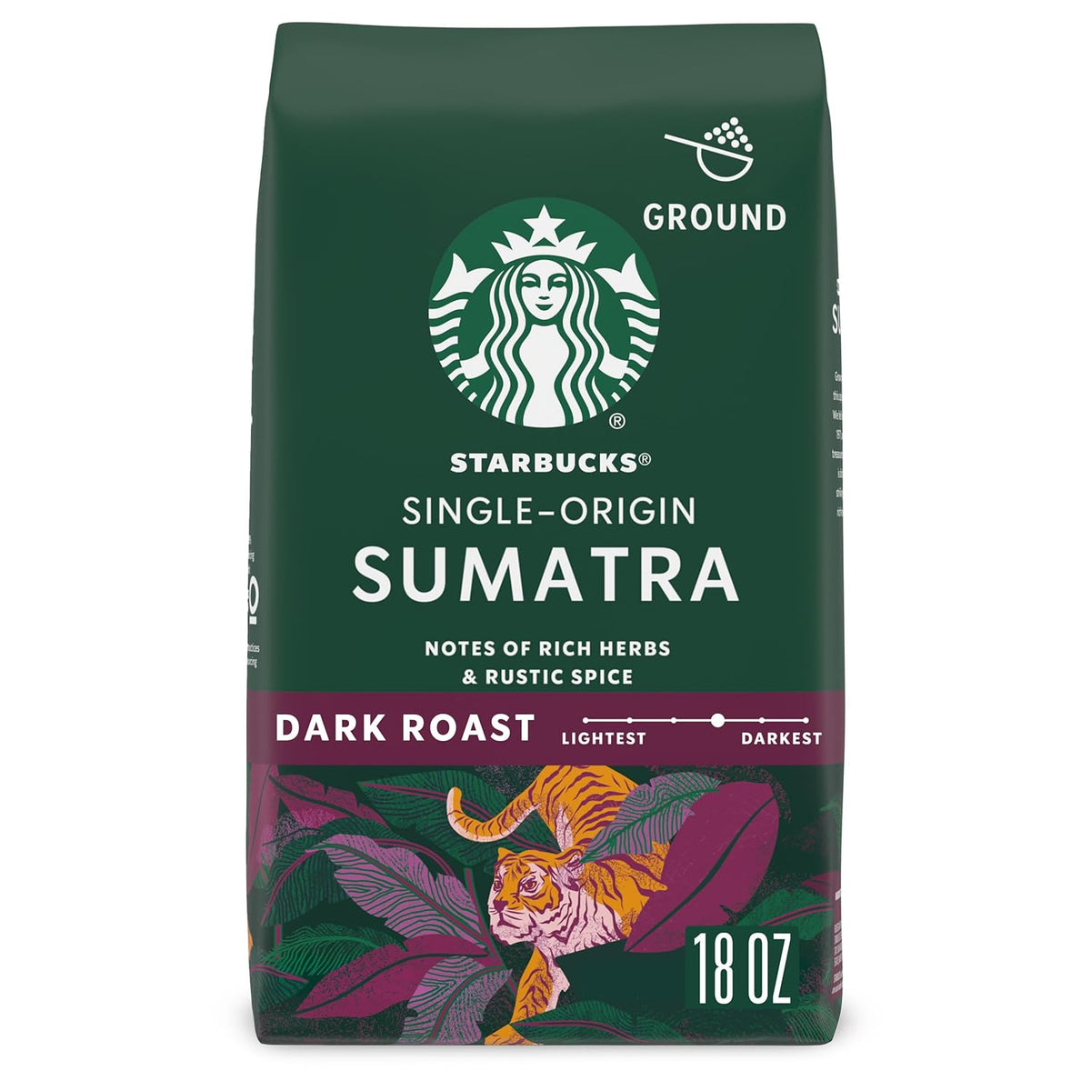 Six 18 oz bags of Starbucks Dark Roast Italian Roast Ground Coffee, 100% Arabica, in a retail packaging display