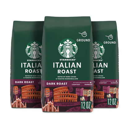 Six 18 oz bags of Starbucks Dark Roast Italian Roast Ground Coffee made from 100% Arabica beans.