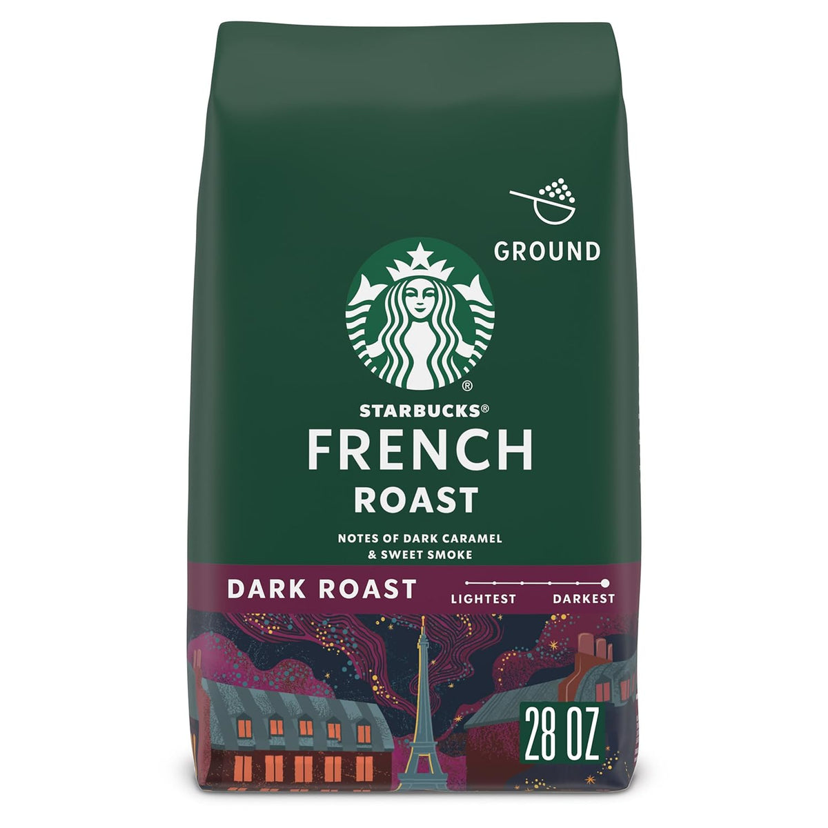 Six 18 oz bags of Starbucks Dark Roast Italian Roast Ground Coffee with 100% Arabica beans, shown in their packaging.