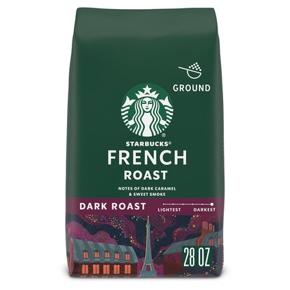 Six 18 oz bags of Starbucks Dark Roast Italian Roast Ground Coffee with 100% Arabica beans, shown in their packaging.