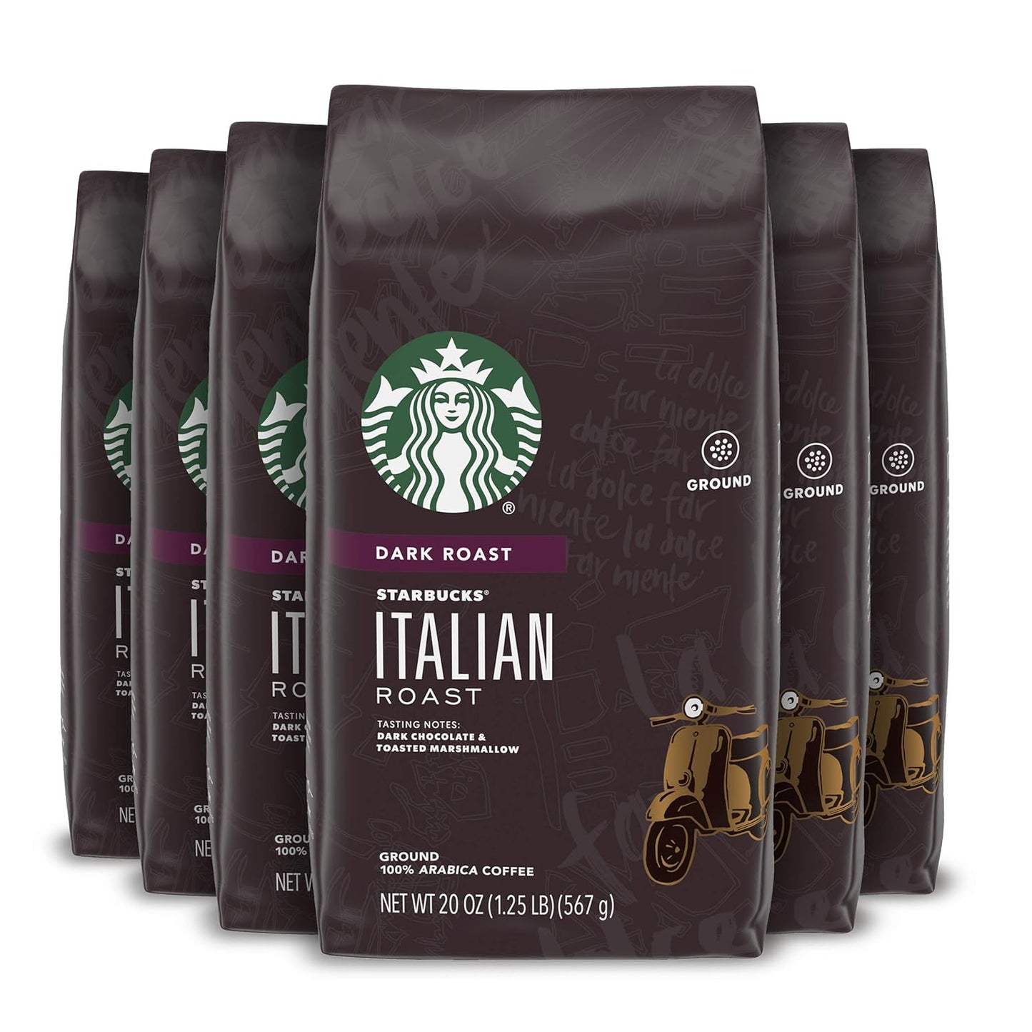 Six 18 oz bags of Starbucks Italian Roast Dark Roast Ground Coffee made from 100% Arabica beans.