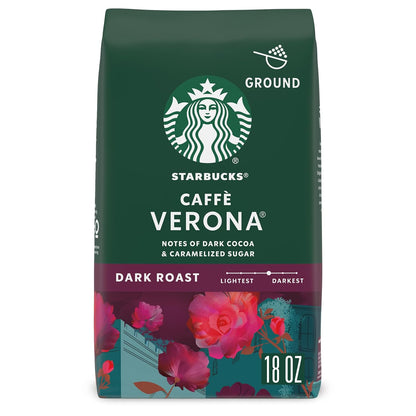 Six 18 oz bags of Starbucks Dark Roast Italian Roast Ground Coffee, 100% Arabica, in packaging featuring coffee beans and branding.