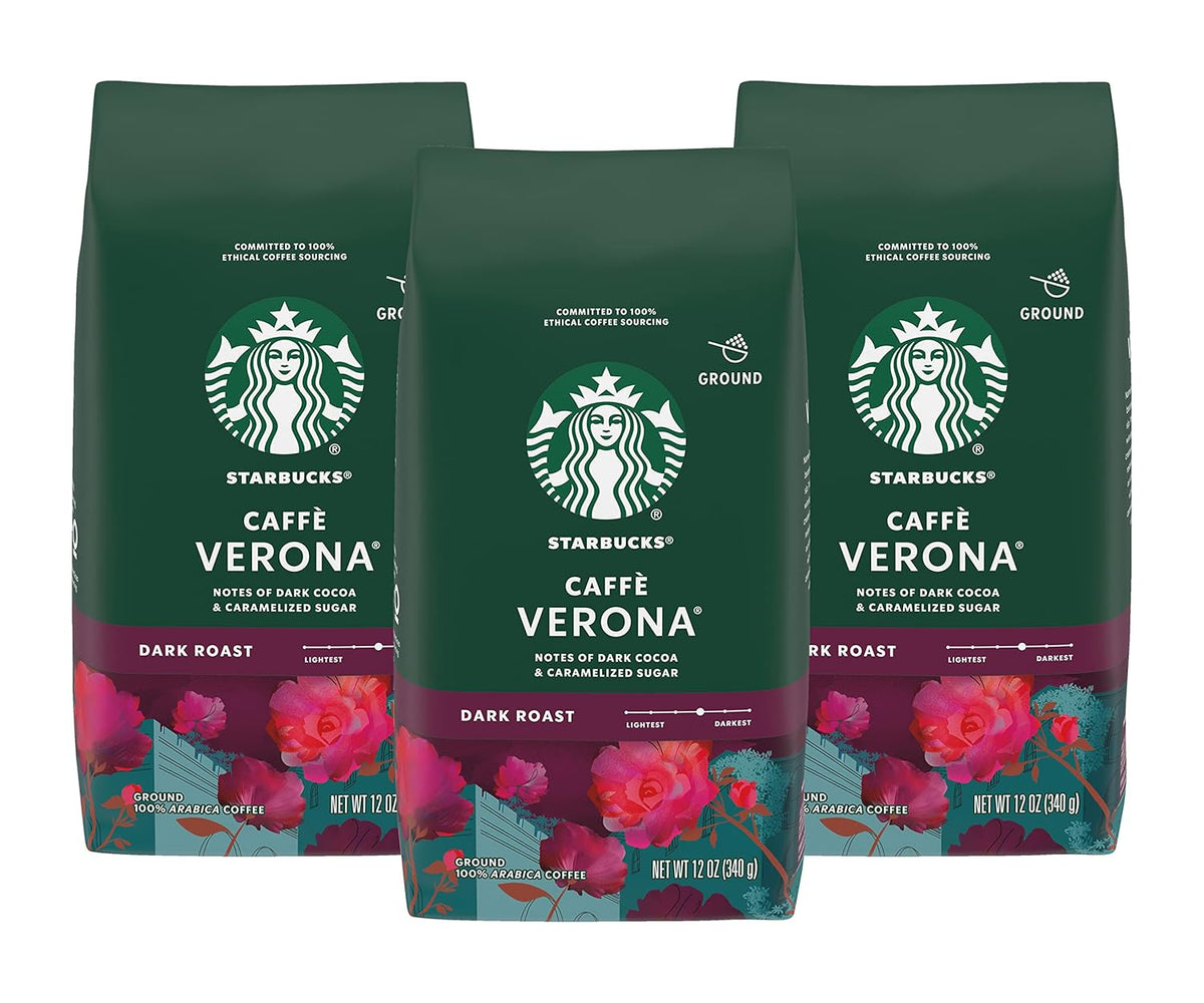Six 18 oz bags of Starbucks Dark Roast Italian Roast Ground Coffee, 100% Arabica, in a package.