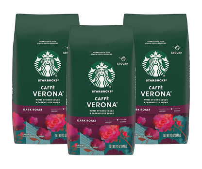 Six 18 oz bags of Starbucks Dark Roast Italian Roast Ground Coffee, 100% Arabica, in a package.