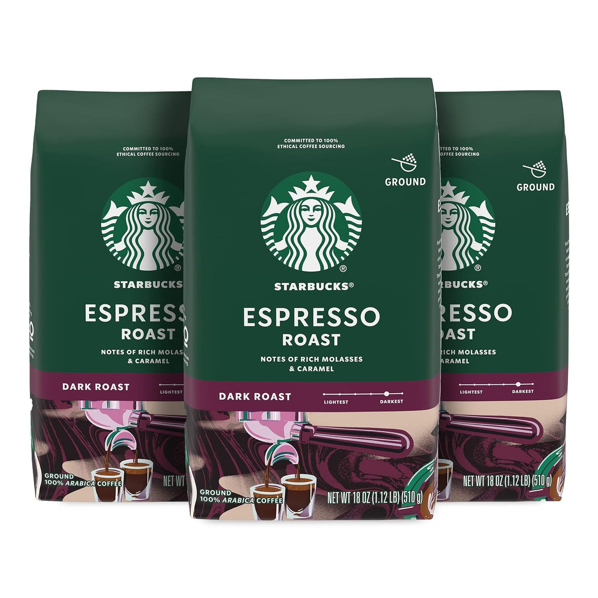 Six 18 oz bags of Starbucks Dark Roast Italian Roast Ground Coffee made from 100% Arabica beans, displayed in a row.