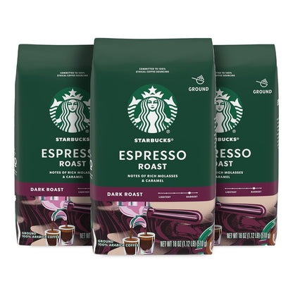 Six 18 oz bags of Starbucks Dark Roast Italian Roast Ground Coffee made from 100% Arabica beans, displayed in a row.