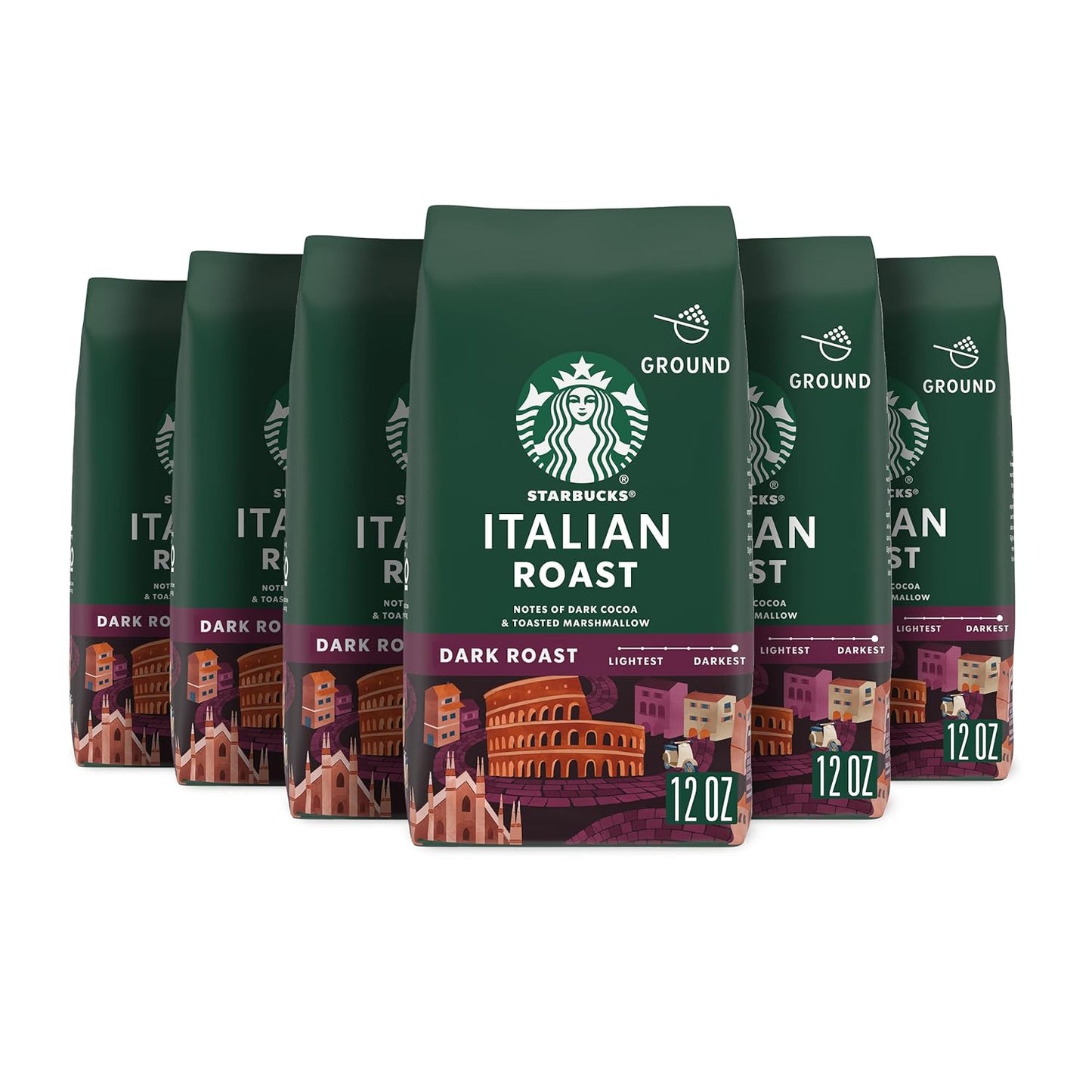 Six 18 oz bags of Starbucks Italian Roast Dark Roast Ground Coffee made with 100% Arabica beans.