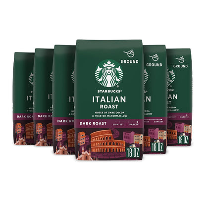 Six 18 oz bags of Starbucks Dark Roast Italian Roast Ground Coffee, 100% Arabica, in a pack from BACKUPMYFILESNOW.COM®