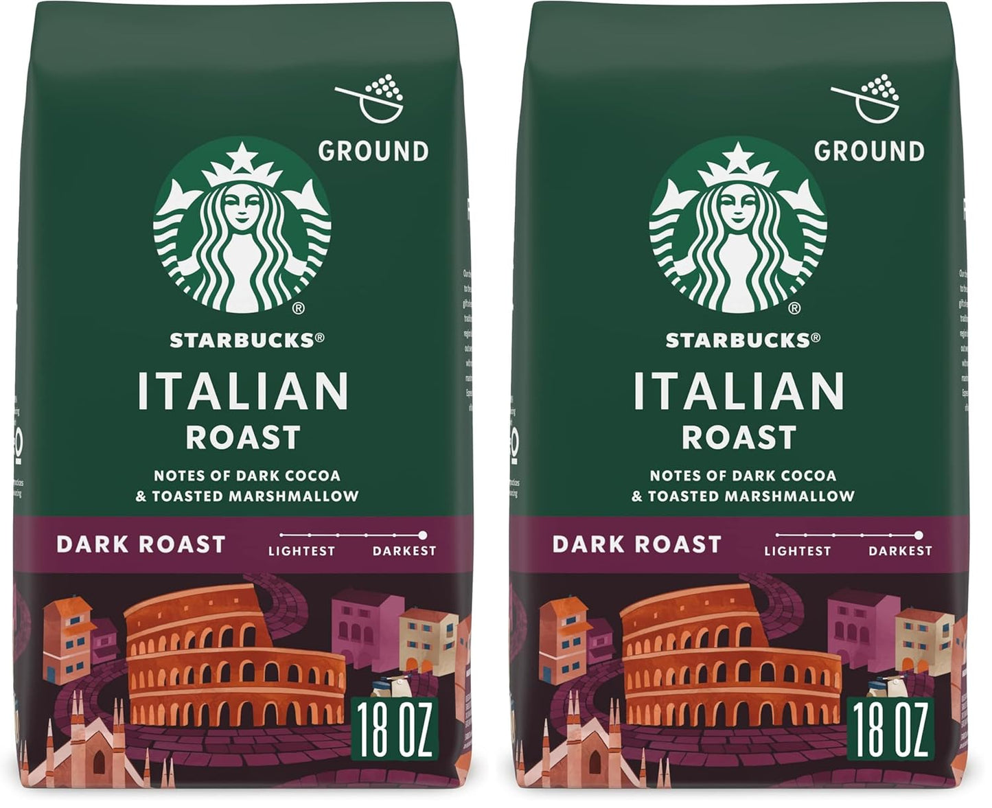 Six 18 oz bags of Starbucks Dark Roast Italian Roast Ground Coffee, 100% Arabica, in a pack from BackupMyFilesNow.com.