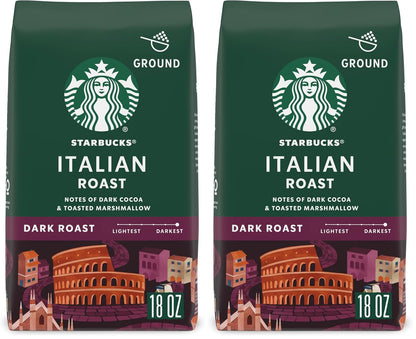 Six 18 oz bags of Starbucks Dark Roast Italian Roast Ground Coffee, 100% Arabica, in a pack from BackupMyFilesNow.com.