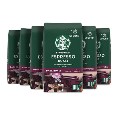 Six 18 oz bags of Starbucks Dark Roast Italian Roast Ground Coffee, 100% Arabica, in a natural coffee bag display.