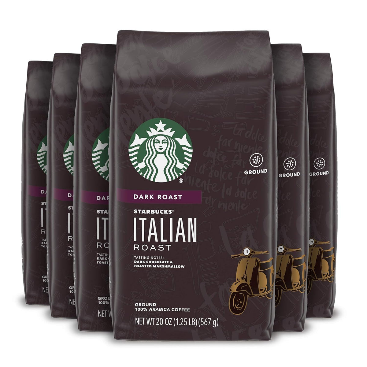 Six 18 oz bags of Starbucks Dark Roast Sumatra Ground Coffee, 100% Arabica, in a retail packaging display
