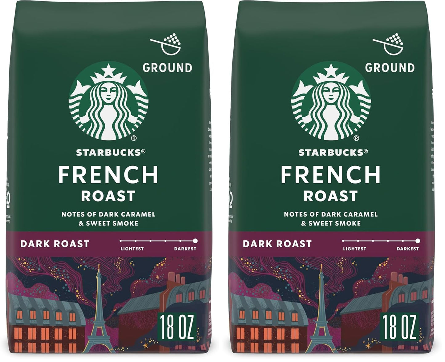 Six 18 oz bags of Starbucks Sumatra Dark Roast Ground Coffee, 100% Arabica, stacked with coffee bags and branding visible.