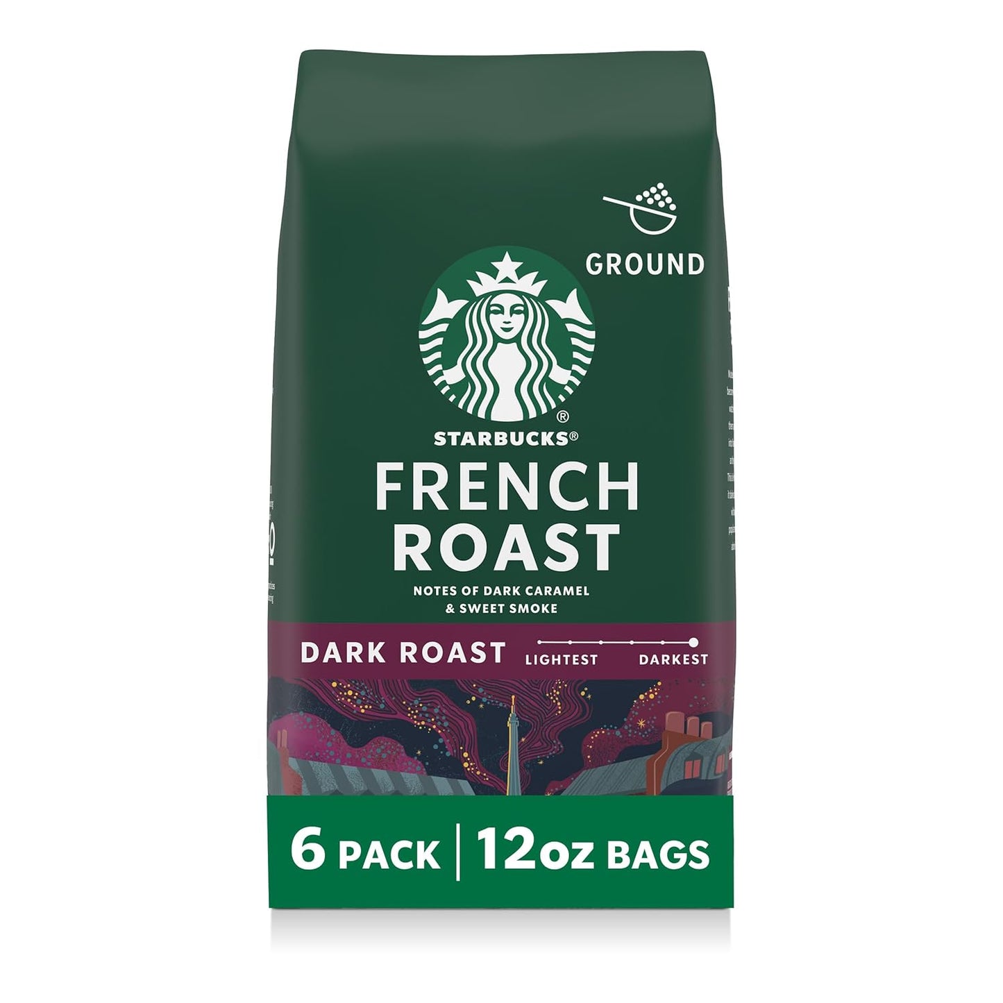 Six 18 oz bags of Starbucks Sumatra Dark Roast Ground Coffee, 100% Arabica, in individual coffee bags.