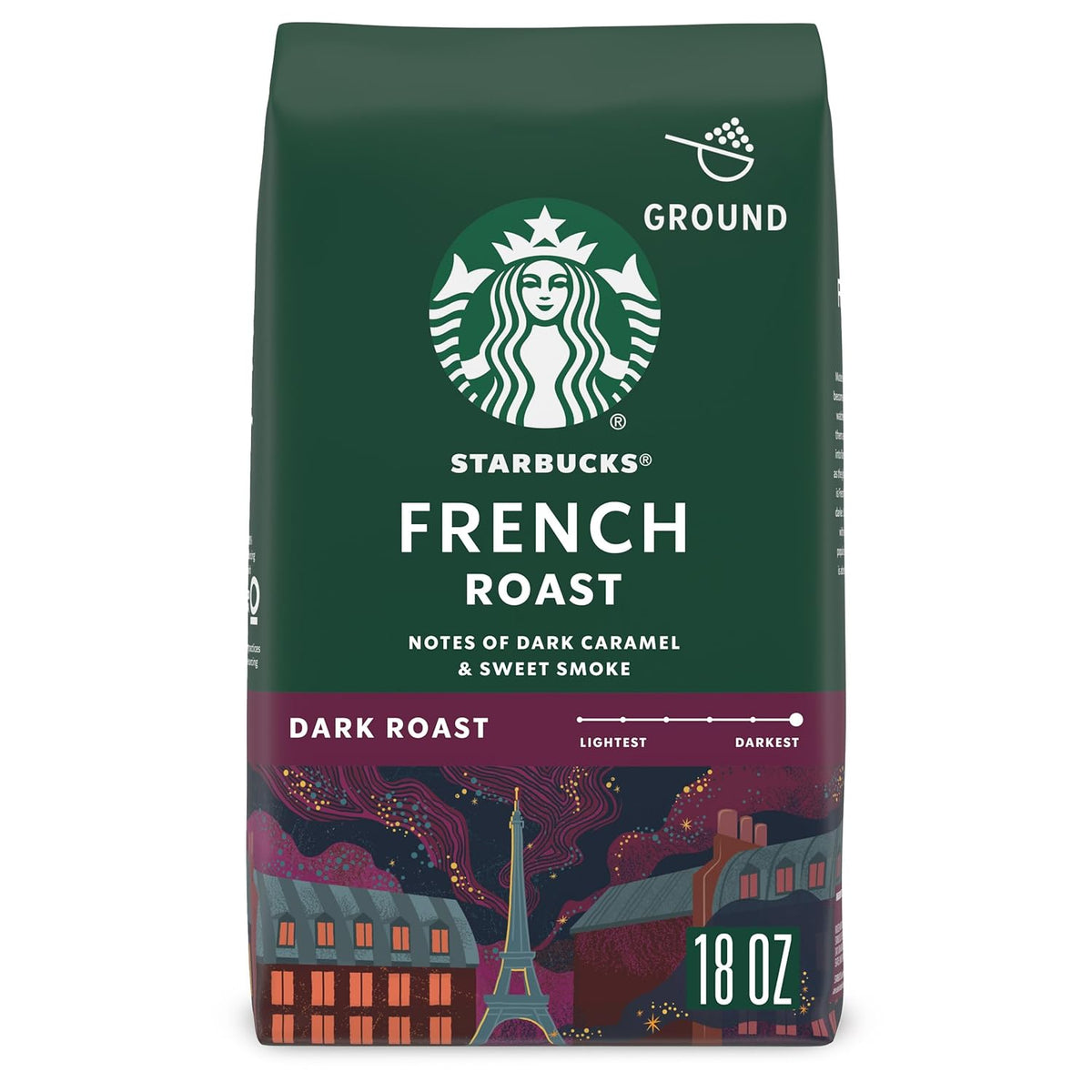 Six 18 oz bags of Starbucks Dark Roast Sumatra Ground Coffee made from 100% Arabica beans.