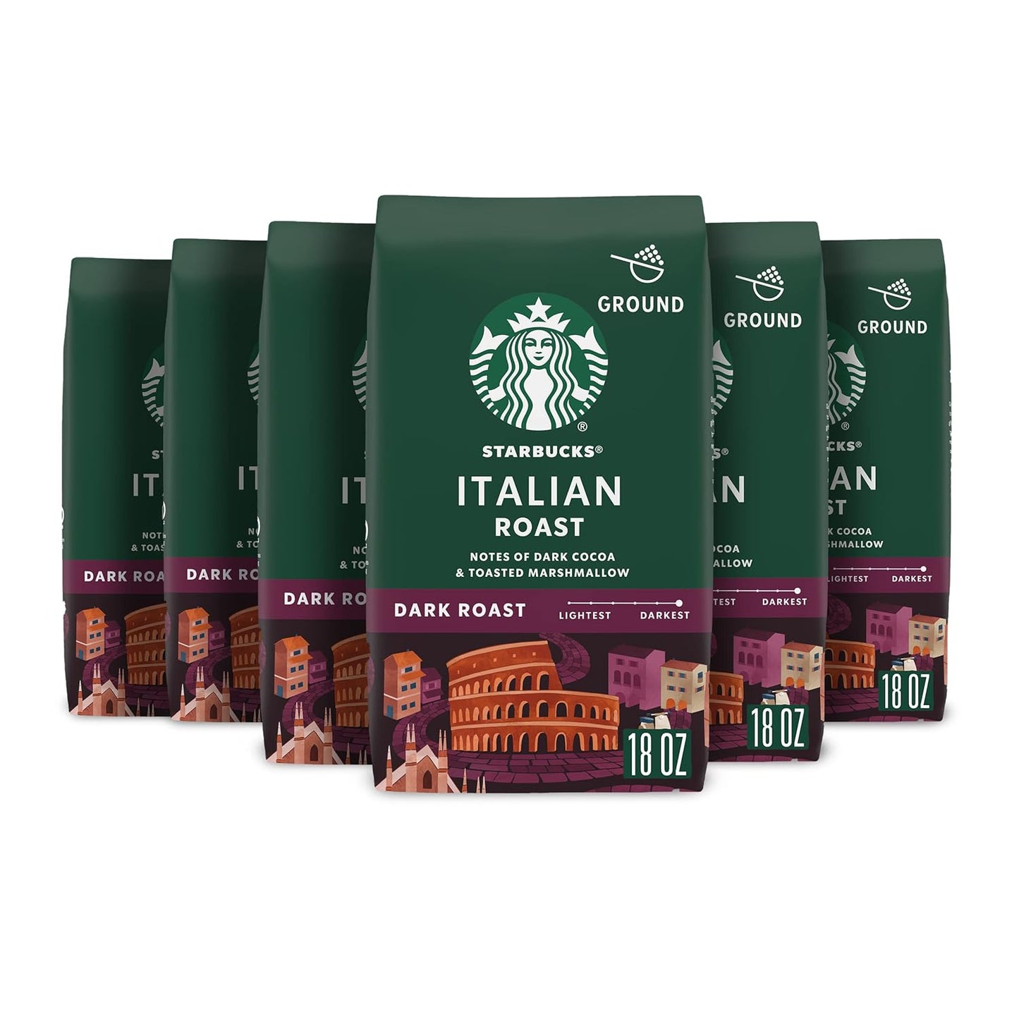 Six 18 oz bags of Starbucks Dark Roast Sumatra Arabica ground coffee, premium coffee beans in each package.