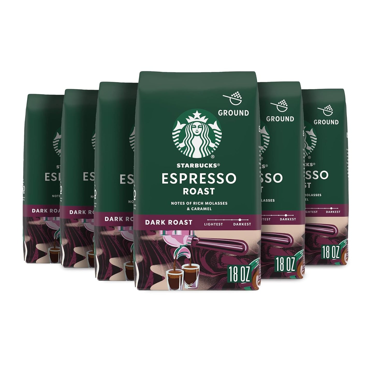 Six 18 oz bags of Starbucks Dark Roast Ground Coffee, Sumatra Arabica, in a pack, with coffee bags and label visible.