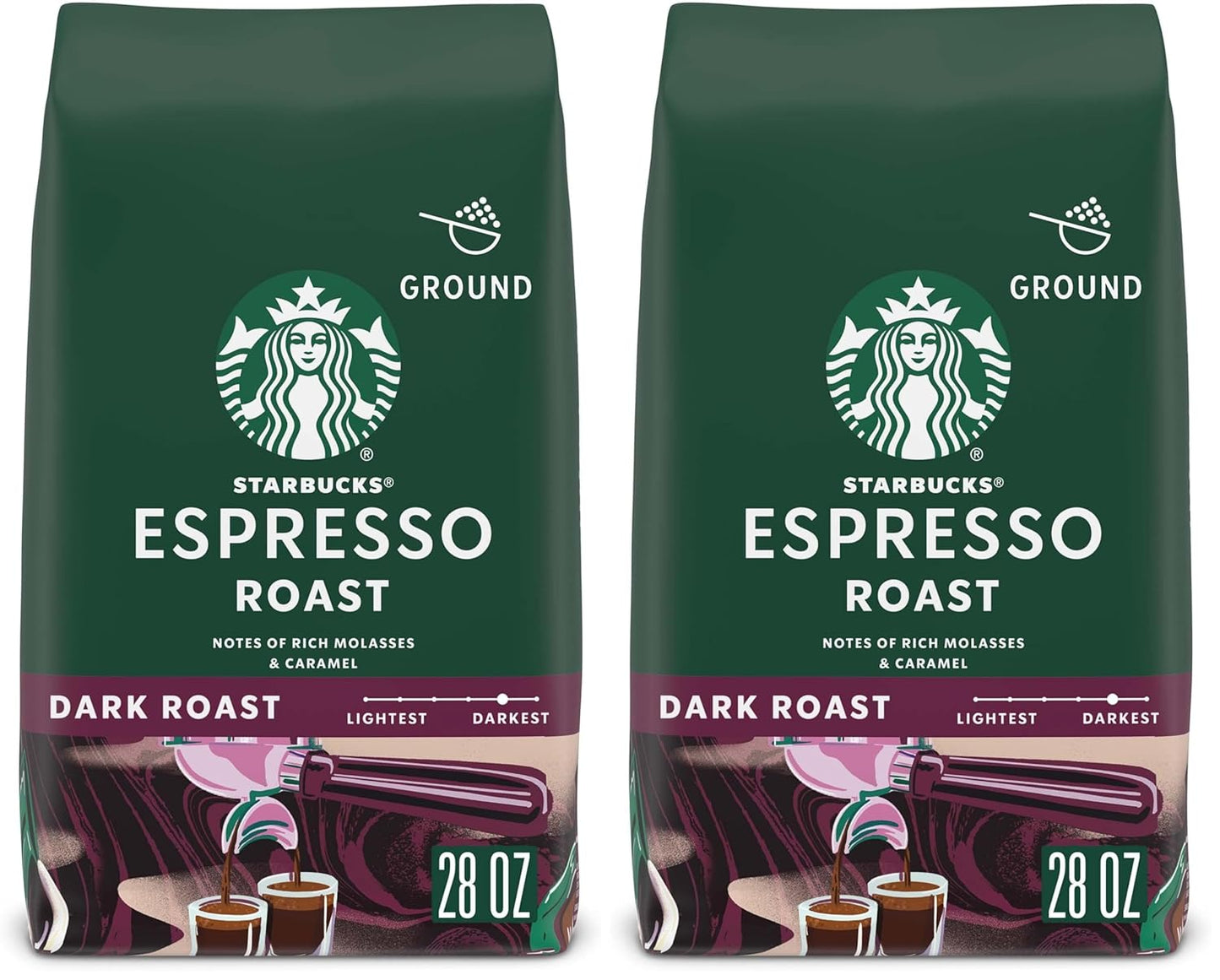 Six 18 oz bags of Starbucks Sumatra Dark Roast Ground Coffee, 100% Arabica, in resealable packaging.