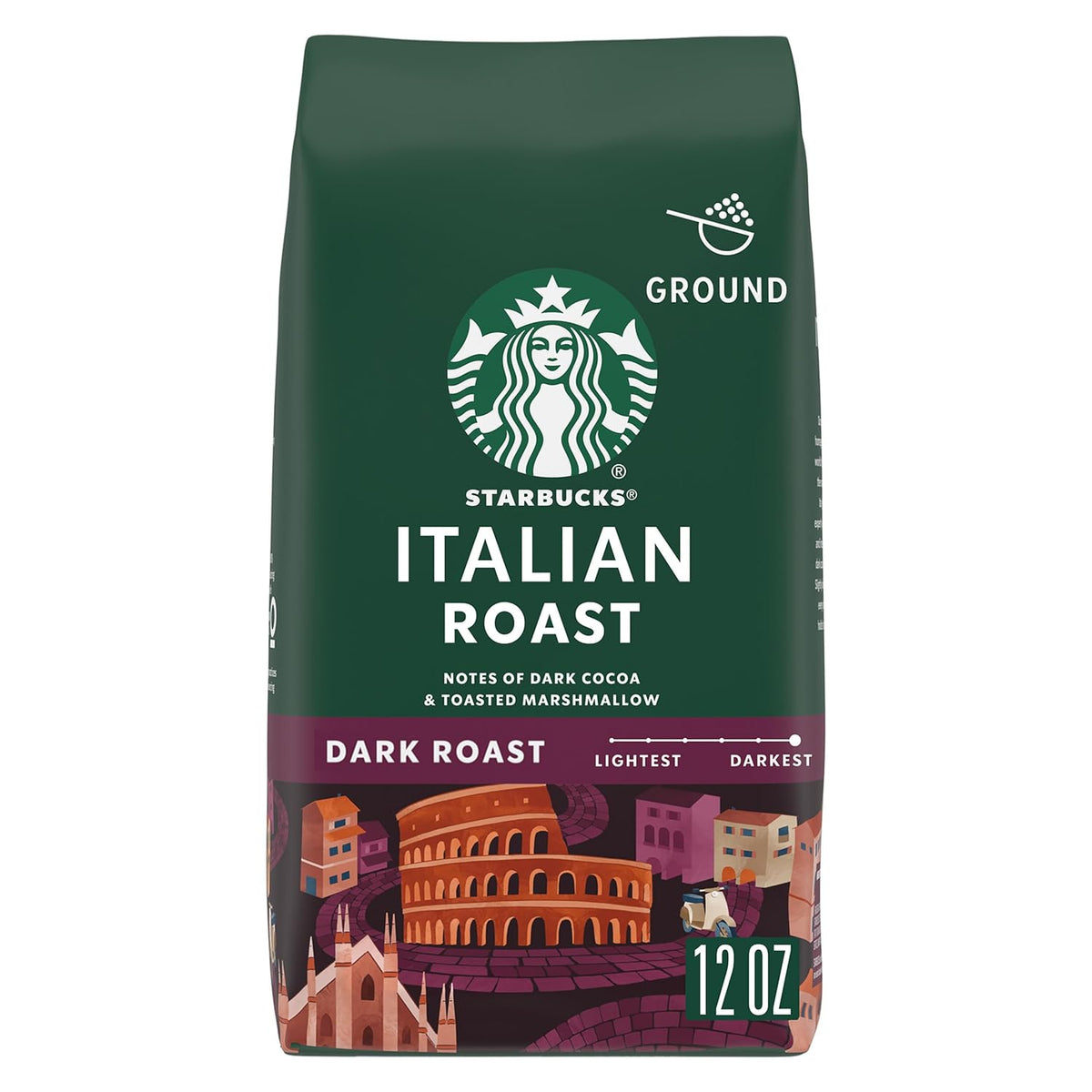 Six 18 oz bags of BackupMyFilesNow Starbucks Dark Roast Coffee Sumatra 100% Arabica ground coffee, shown in bags.