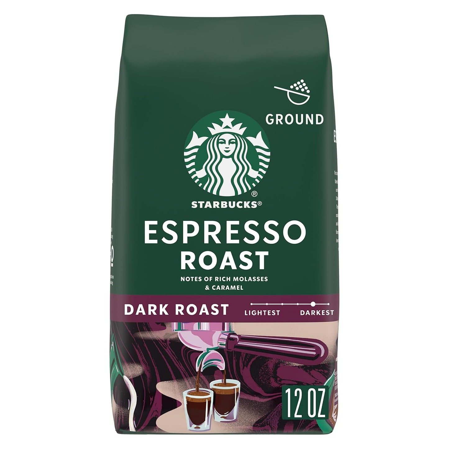 Six 28 oz packs of Starbucks Dark Roast Ground Coffee, French Roast, suitable for hot or iced coffee.