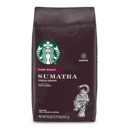 Six 28 oz packages of Starbucks Dark Roast French Roast ground coffee, ideal for hot or iced coffee brewing.