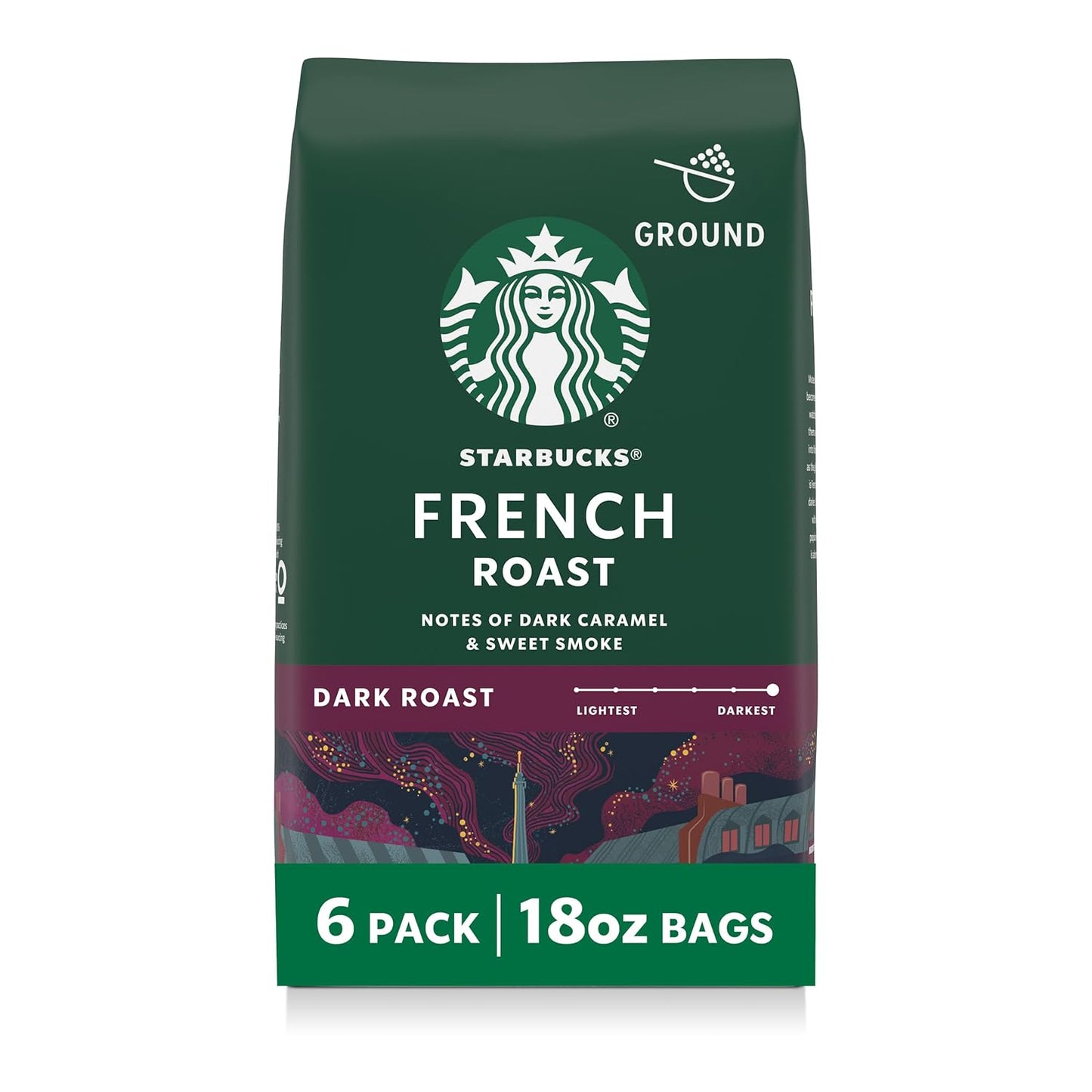 Six 28 oz bags of Starbucks Dark Roast French Roast ground coffee, ideal for hot or iced coffee brewing.