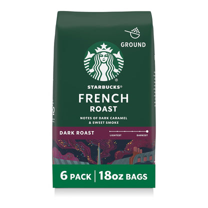 Six 28 oz bags of Starbucks Dark Roast French Roast ground coffee, ideal for hot or iced coffee brewing.