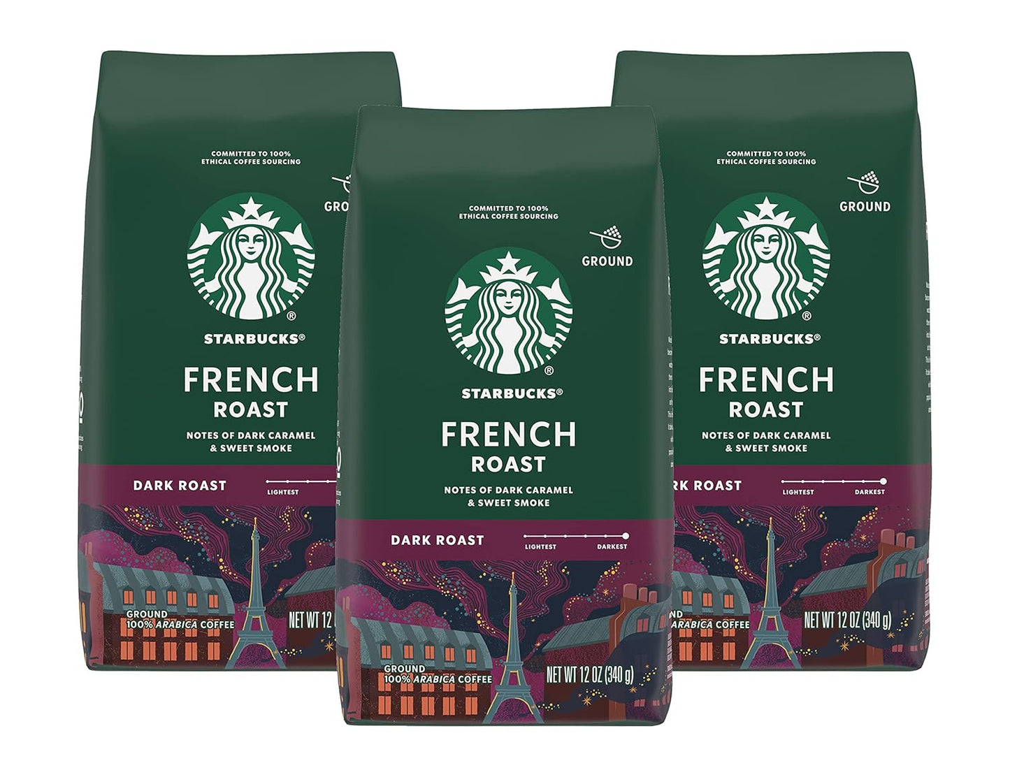 Six 28 oz packs of Starbucks Dark Roast Ground Coffee, French Roast, ideal for hot or iced coffee brewing.