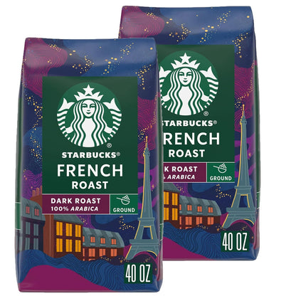 Six 28 oz bags of Starbucks French Roast dark ground coffee, ideal for hot or iced coffee brewing.