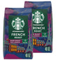 Six 28 oz bags of Starbucks French Roast dark ground coffee, ideal for hot or iced coffee brewing.
