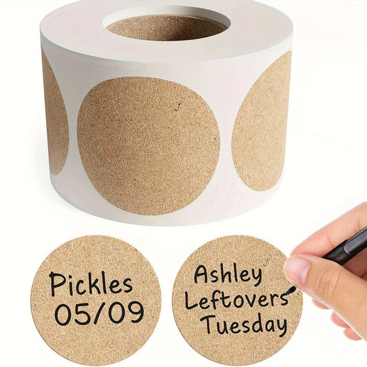 Pack of 500 kraft round self-adhesive labels from BackupMyFilesNow.com, featuring personalized, item classification name stickers.