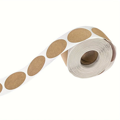 Pack of 500 kraft round self-adhesive labels on a roll, ideal for item classification and personalized labeling.