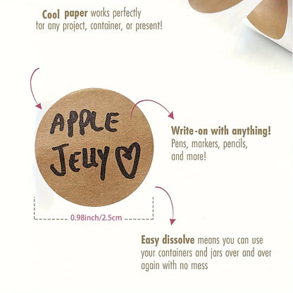 Pack of 500 kraft round self-adhesive label stickers for item classification and personalized labeling.