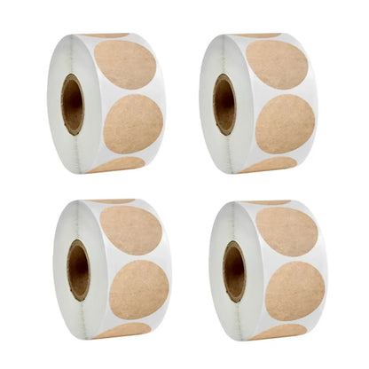 Set of 500 kraft round self-adhesive label stickers on a roll for item classification and personalized labeling.