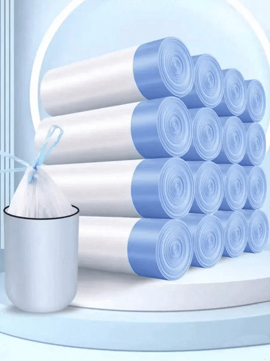 15-pack thick trash bags with drawstrings, designed for home, kitchen, restaurant, and garbage sorting. Durable and tear-resistant.
