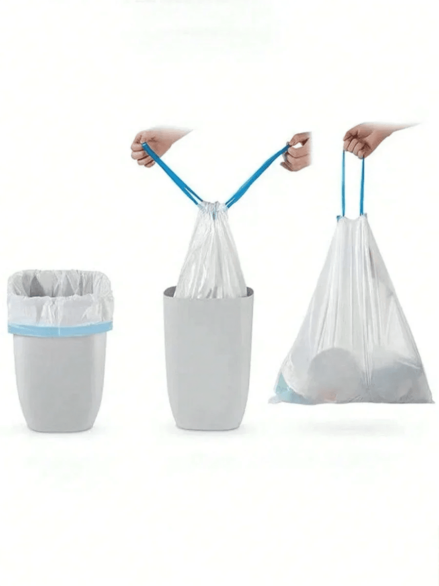 15-pack thick trash bags with tear-off drawstrings, suitable for home, kitchen, restaurant, and garbage sorting.