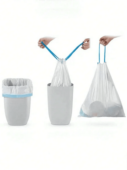 15-pack thick trash bags with tear-off drawstrings, suitable for home, kitchen, restaurant, and garbage sorting.