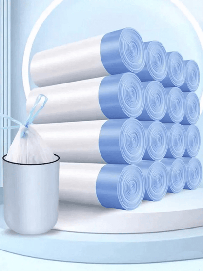 15-pack thick trash bags with tear-off drawstrings from BACKUPMYFILESNOW.COM®, suitable for home, kitchen, and restaurant garbage.